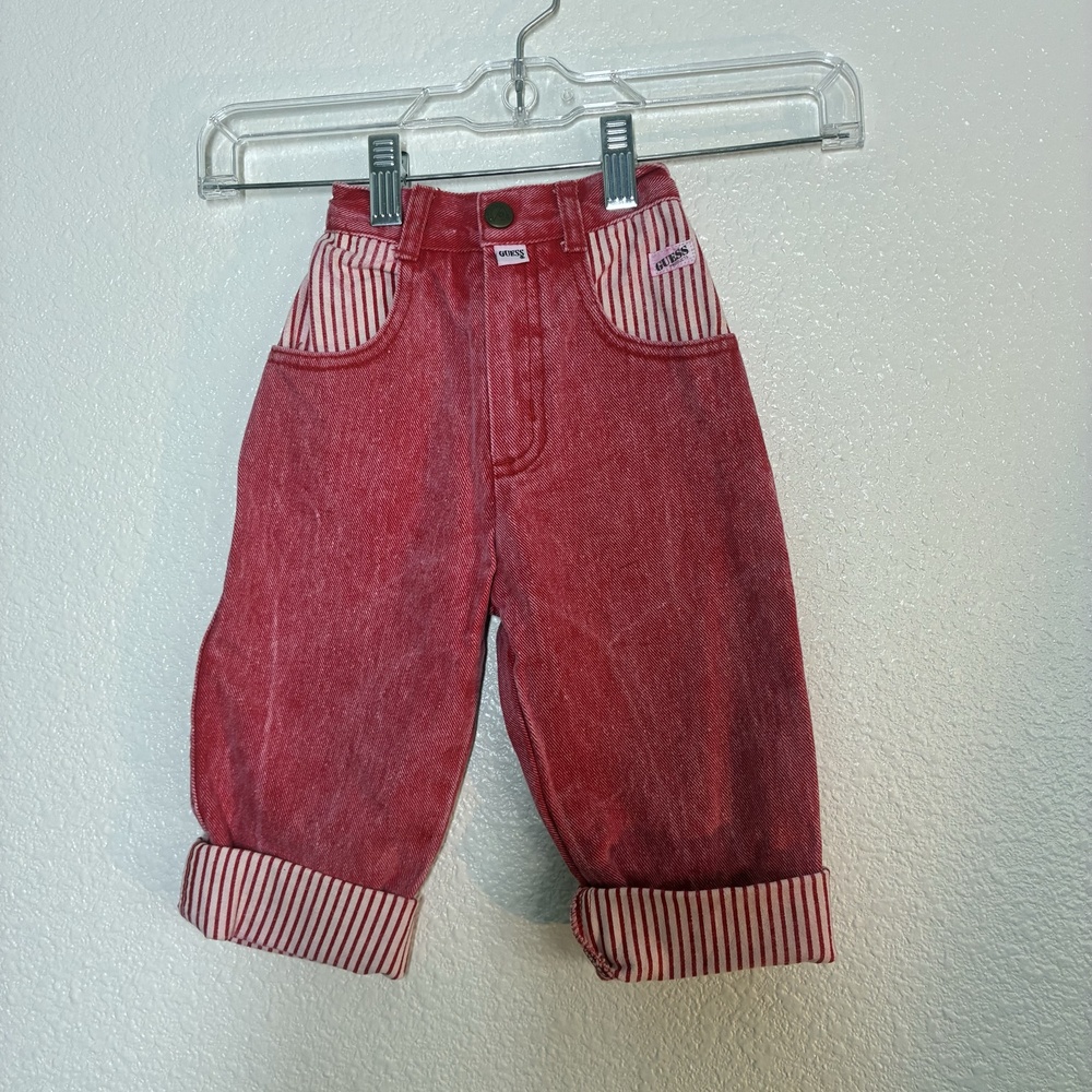 Vintage Guess Jeans Girls 24M Red Striped Cuffed Denim Made USA Elastic Waist
